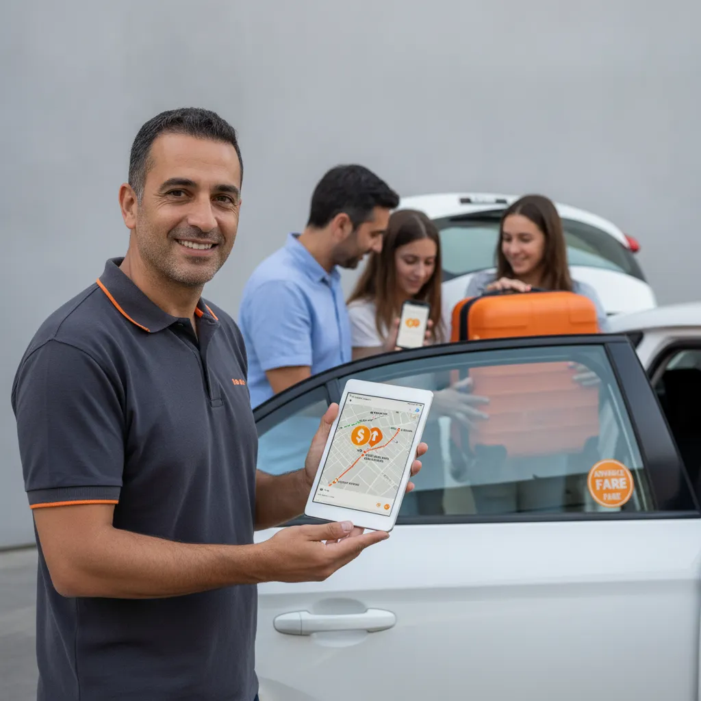 נהג מונית מחייך מציג טאבלט עם מחיר מראש לנסיעה מתל אביב לשדה התעופה, ונוסעים מעמיסים מזוודה