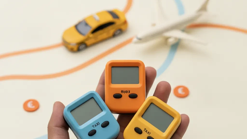 שלושה מוני מונית צבעוניים ביד, ברקע מונית צהובה ומטוס על מסלול מסומן